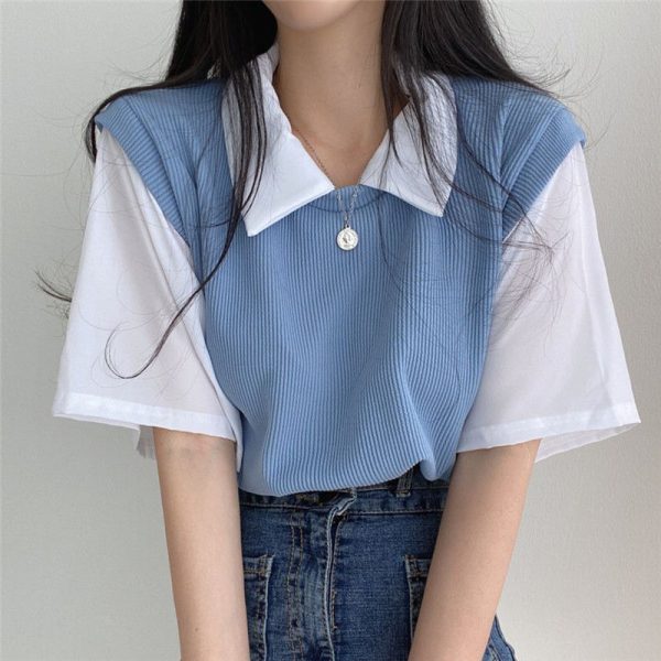 Women's Loose Tees Top Fake Two Piece Suit 2023 Spring Summer Outfits