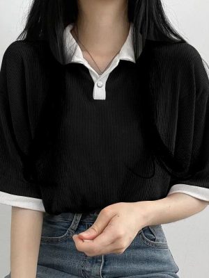 Women's Lapel Pullover Loose Top Fake Two Piece