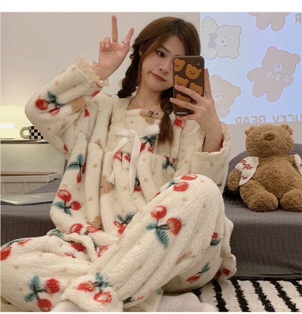 Women Lovely Print Cherry Bear Lace Sleepwear Pajamas Spring Outfits
