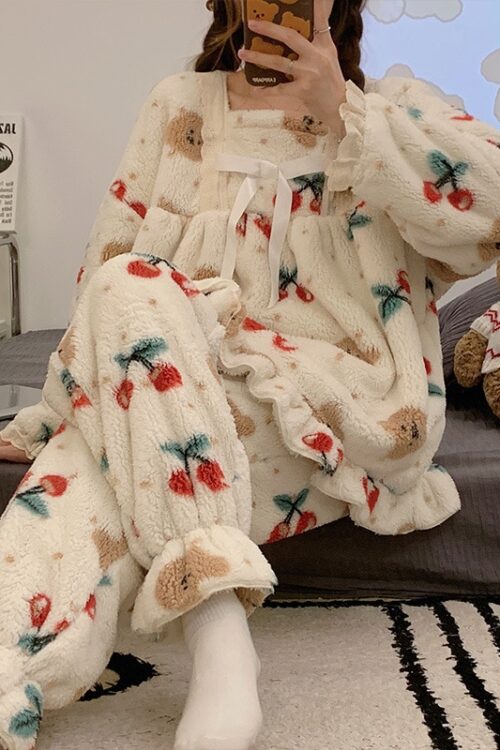 Women Lovely Print Cherry Bear Lace Sleepwear Pajamas Spring Outfits