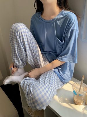 Yasuk-Spring-Summer-Fashion-Women-s-Casual-Lovely-Solid-Plaid-Short-Sleeve-Sleepwear-Soft-Pajamas-With-1