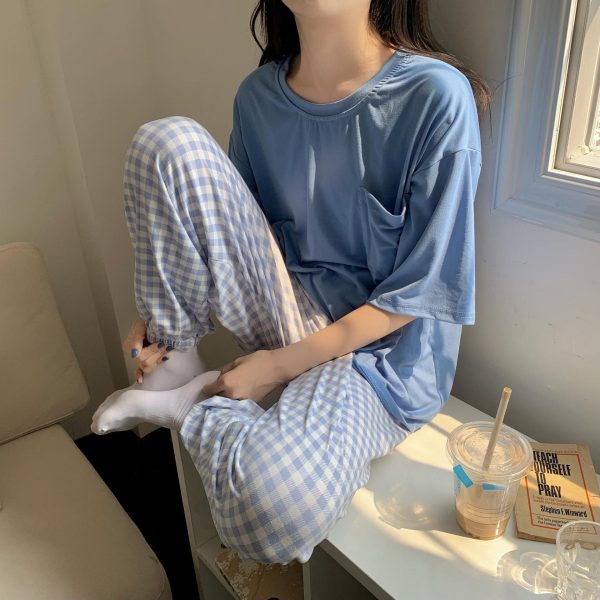 Women Lovely Plaid Sleeve Sleepwear Soft Pajamas 2023 Spring Fashion Outfits