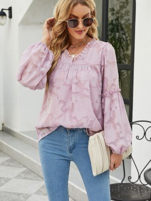 Autumn Women Clothing Floral Texture Lantern Sleeve Shirt V-neck Chiffon Top