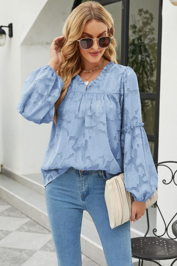 Autumn Women Clothing Floral Texture Lantern Sleeve Shirt V-neck Chiffon Top