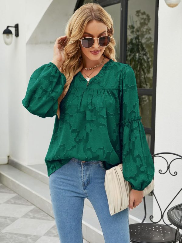 Autumn Women Clothing Floral Texture Lantern Sleeve Shirt V-neck Chiffon Top