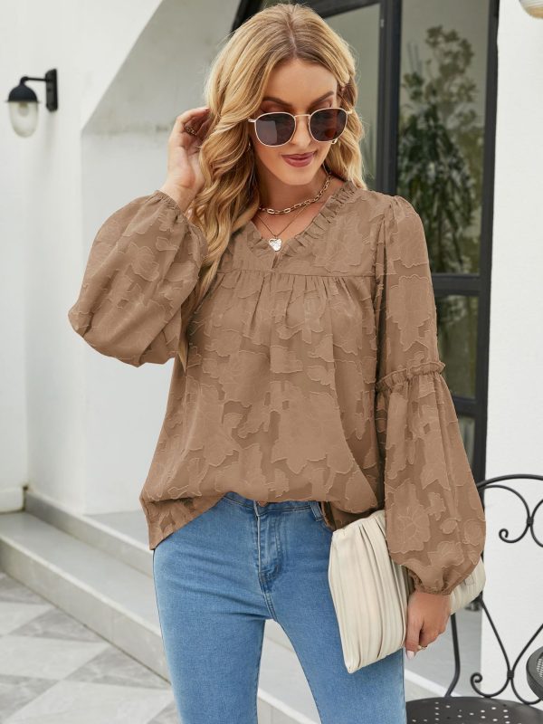 Autumn Women Clothing Floral Texture Lantern Sleeve Shirt V-neck Chiffon Top