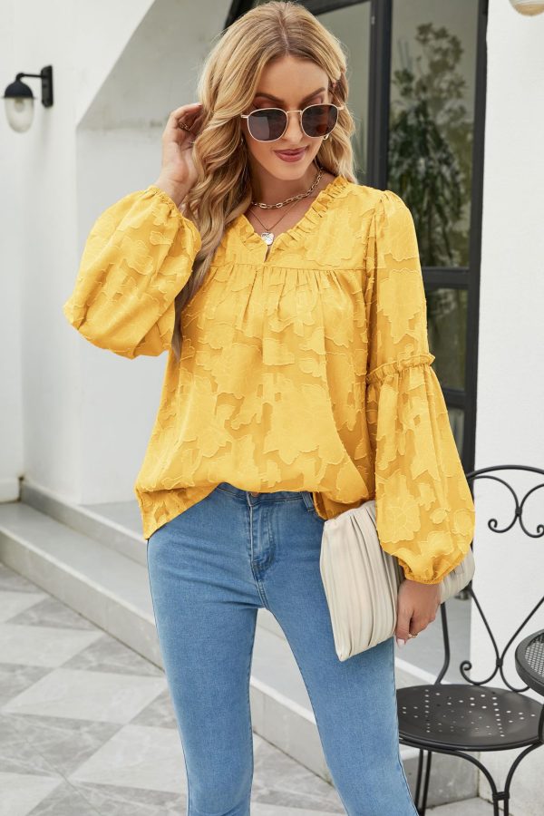 Autumn Women Clothing Floral Texture Lantern Sleeve Shirt V-neck Chiffon Top