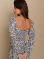 Spring Vintage Small Floral Square Collar Back Elastic Cuff Long Sleeve Dress