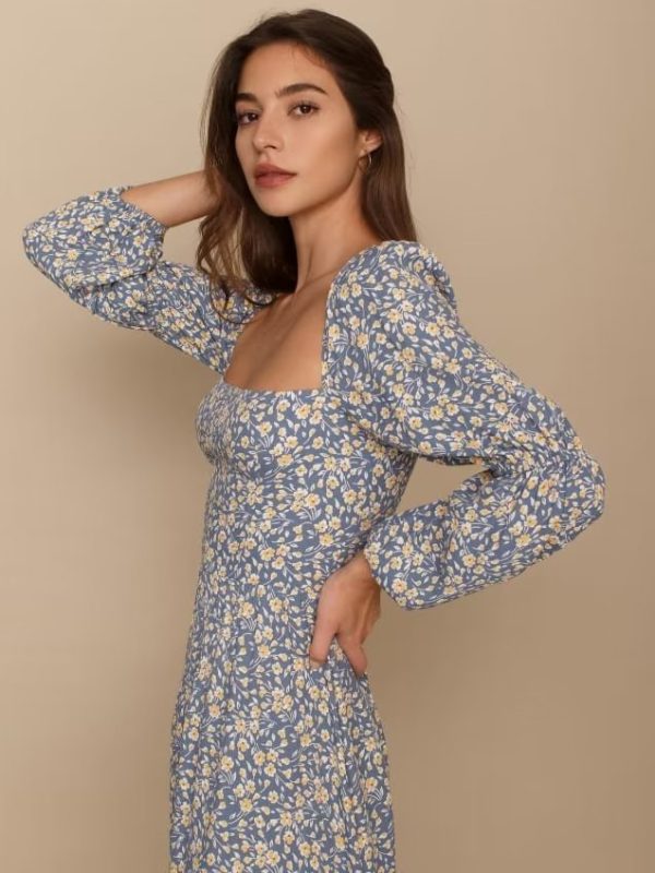 Spring Vintage Small Floral Square Collar Back Elastic Cuff Long Sleeve Dress