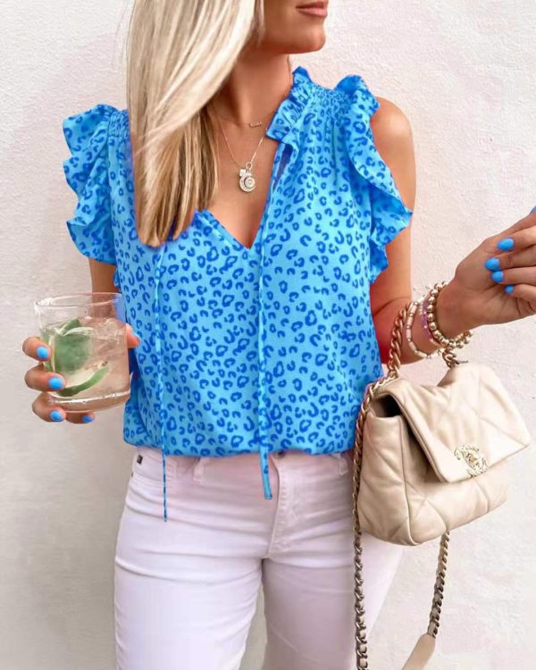 Women Summer V neck Leopard Print Printed Short Sleeve T shirt Vest