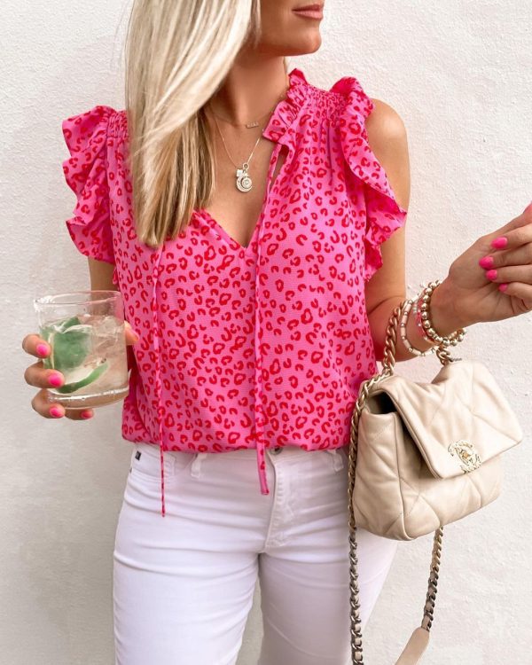 Women Summer V neck Leopard Print Printed Short Sleeve T shirt Vest