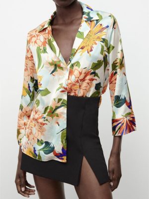 Summer Women Collared Floral Print Wide Sleeve Single-Breasted Shirt Top