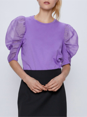 Elegant round Neck Puff Sleeve Half Sleeve Pullover Solid Color Shirt for Women