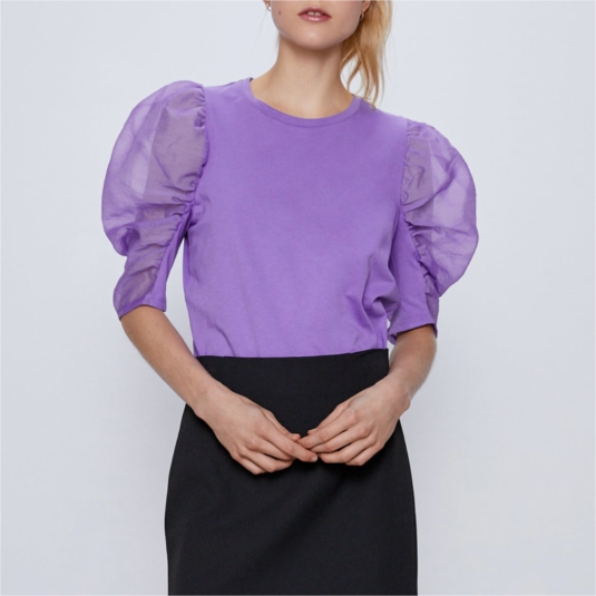 Elegant round Neck Puff Sleeve Half Sleeve Pullover Solid Color Shirt for Women