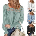 Autumn Winter Solid Color Loose Pullover Shirt Hollow Out Cutout Lace Square Collar Long Sleeve Top for Women