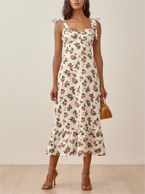 Summer Floral Print Ruffles Sexy Slimming Beam Waist Strap Dress Maxi Dress