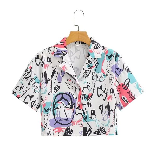 Amoi Women Graffiti Printing Short Sleeve Shirt