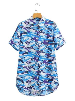 Autumn Print Short Sleeve Mid Length Shirt Single Breasted Top