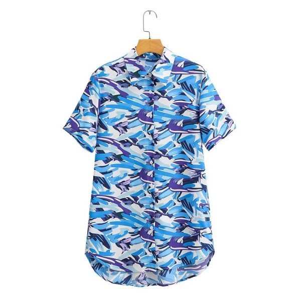 Autumn Print Short Sleeve Mid Length Shirt Single Breasted Top