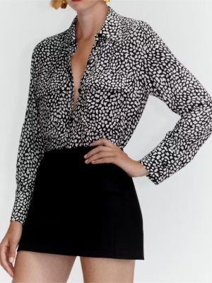 Women Clothing Animal Pattern Printed Silk Satin Textured Shirt