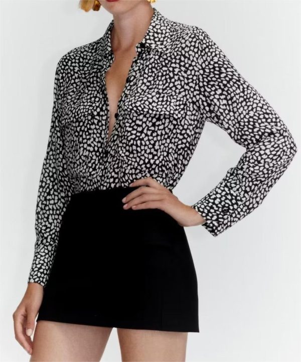 Women Clothing Animal Pattern Printed Silk Satin Textured Shirt