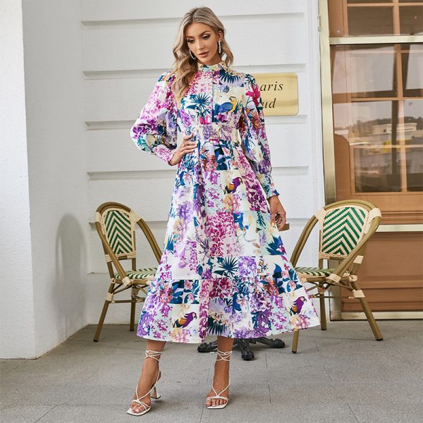 Women Spring Fall Stand Sleeve Floral Elegant Smocked A LineDress Pullover Print Dress