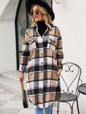 Women Clothing Popular Long Sleeve Loose Plaid Shirt Woolen  Long