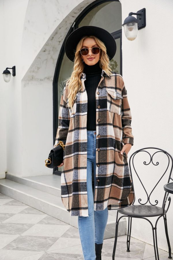 Women Clothing Popular Long Sleeve Loose Plaid Shirt Woolen  Long