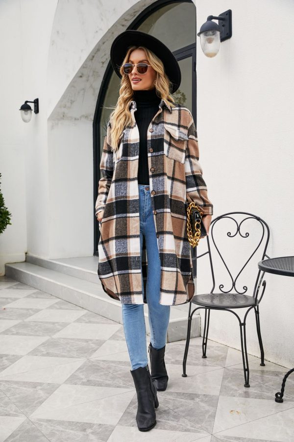 Women Clothing Popular Long Sleeve Loose Plaid Shirt Woolen  Long