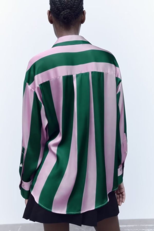 Chic Contrast Color Striped Shirt Women Clothing Autumn Silk Satin Texture Loose Long Sleeve