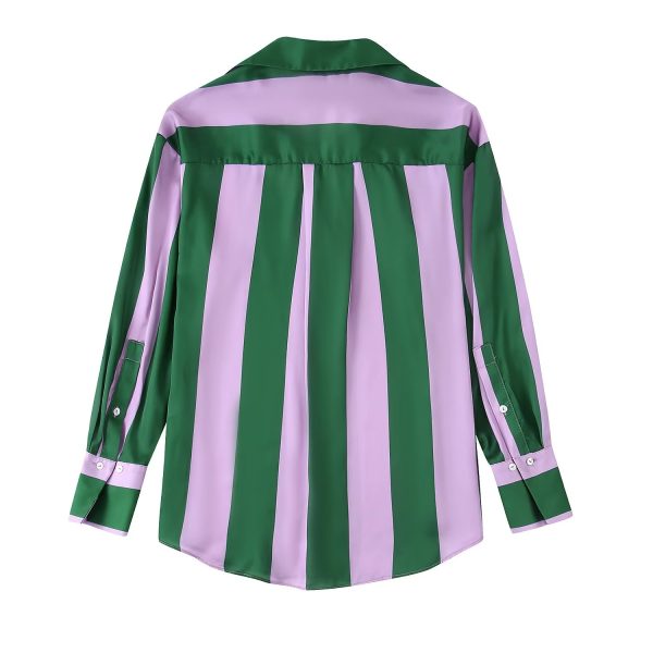 Chic Contrast Color Striped Shirt Women Clothing Autumn Silk Satin Texture Loose Long Sleeve