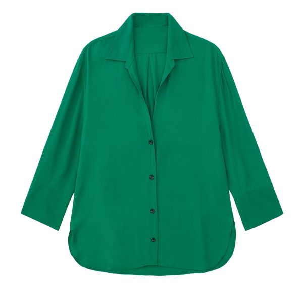 Autumn Retro Collared Long Sleeve Single Breasted Green Loose Shirt Women