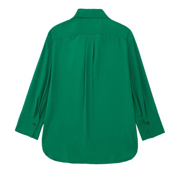 Autumn Retro Collared Long Sleeve Single Breasted Green Loose Shirt Women