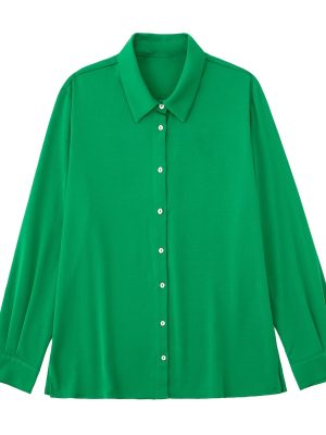 Fall Women Clothing Long Sleeved Green Drape Shirt