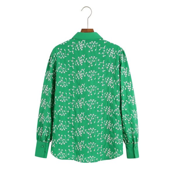 Fall Women  Clothing Casual Green Embroidery Shirt Long Sleeve Embroidered Shirt