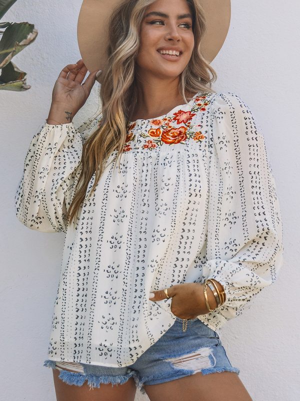 Autumn National Printed Long-Sleeved Top Ladies Loose Bottoming Shirt