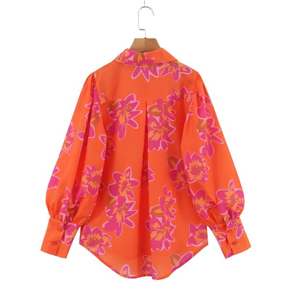 Autumn Winter Women Clothing Floral Printing Collared Single Breasted Shirt