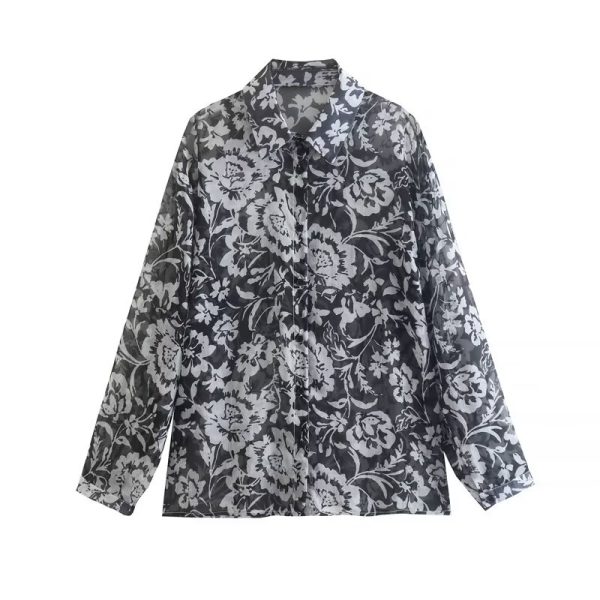 Fall Women Clothing Collared Floral Print Long Sleeve Single Breasted Shirt Cardigan Top