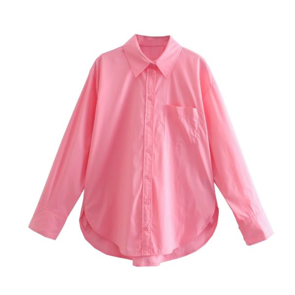 Fall Women Urban Casual Pocket Poplin Shirt