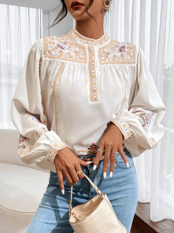 Women Spring Fall Crew Neck Elegant Floral Embroidery Lantern Sleeve Blouses