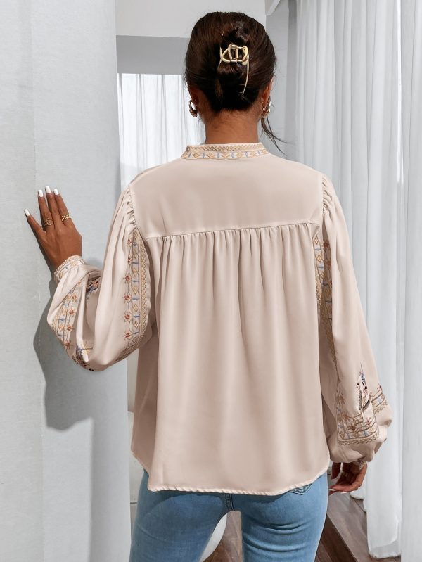 Women Spring Fall Crew Neck Elegant Floral Embroidery  Lantern Sleeve  Long Sleeve Blouses