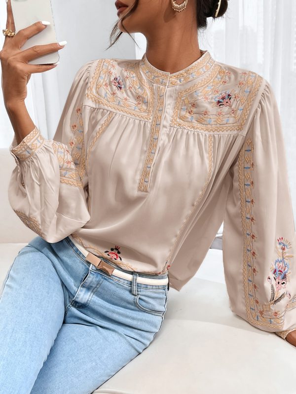 Women Spring Fall Crew Neck Elegant Floral Embroidery  Lantern Sleeve  Long Sleeve Blouses