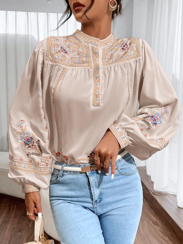 Women Spring Fall Crew Neck Elegant Floral Embroidery  Lantern Sleeve  Long Sleeve Blouses