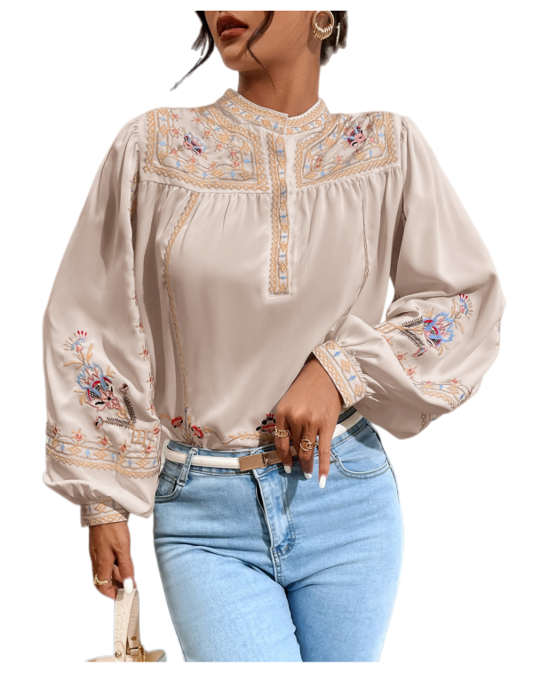 Women Spring Fall Crew Neck Elegant Floral Embroidery  Lantern Sleeve  Long Sleeve Blouses