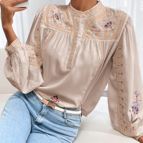 Women Spring Fall Crew Neck Elegant Floral Embroidery  Lantern Sleeve  Long Sleeve Blouses