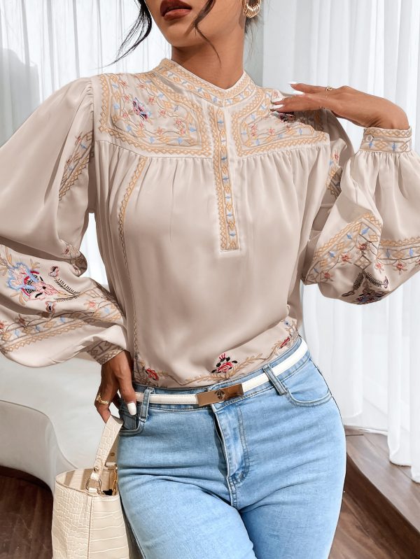 Women Spring Fall Crew Neck Elegant Floral Embroidery  Lantern Sleeve  Long Sleeve Blouses