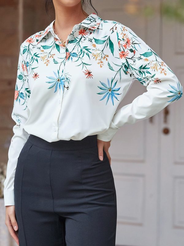 Women Spring Fall Office Elegant Embroidery Long Sleeve Shirts