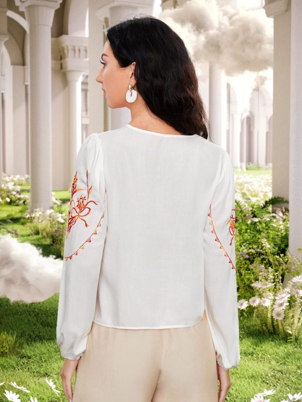 Women Spring Fall Crew Neck Elegant Floral Embroidery Blouses