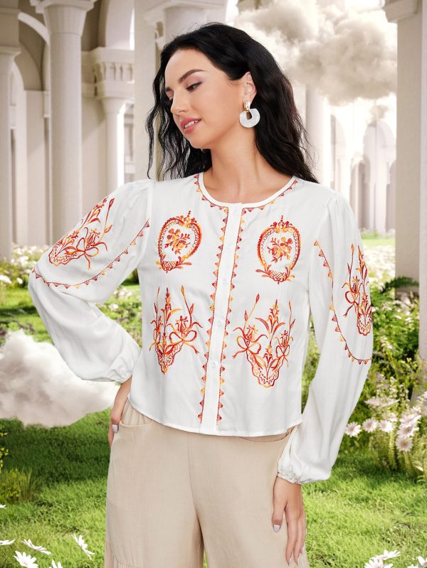 Women Spring Fall Crew Neck Elegant Floral Embroidery Blouses