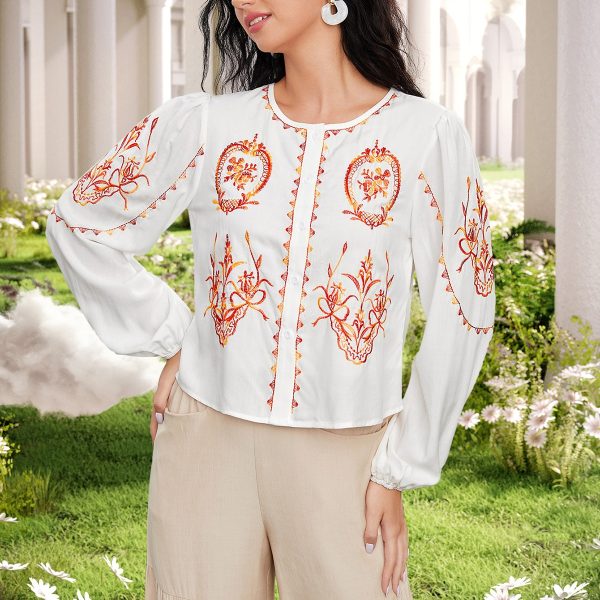 Women Spring Fall Crew Neck Elegant Floral Embroidery Blouses